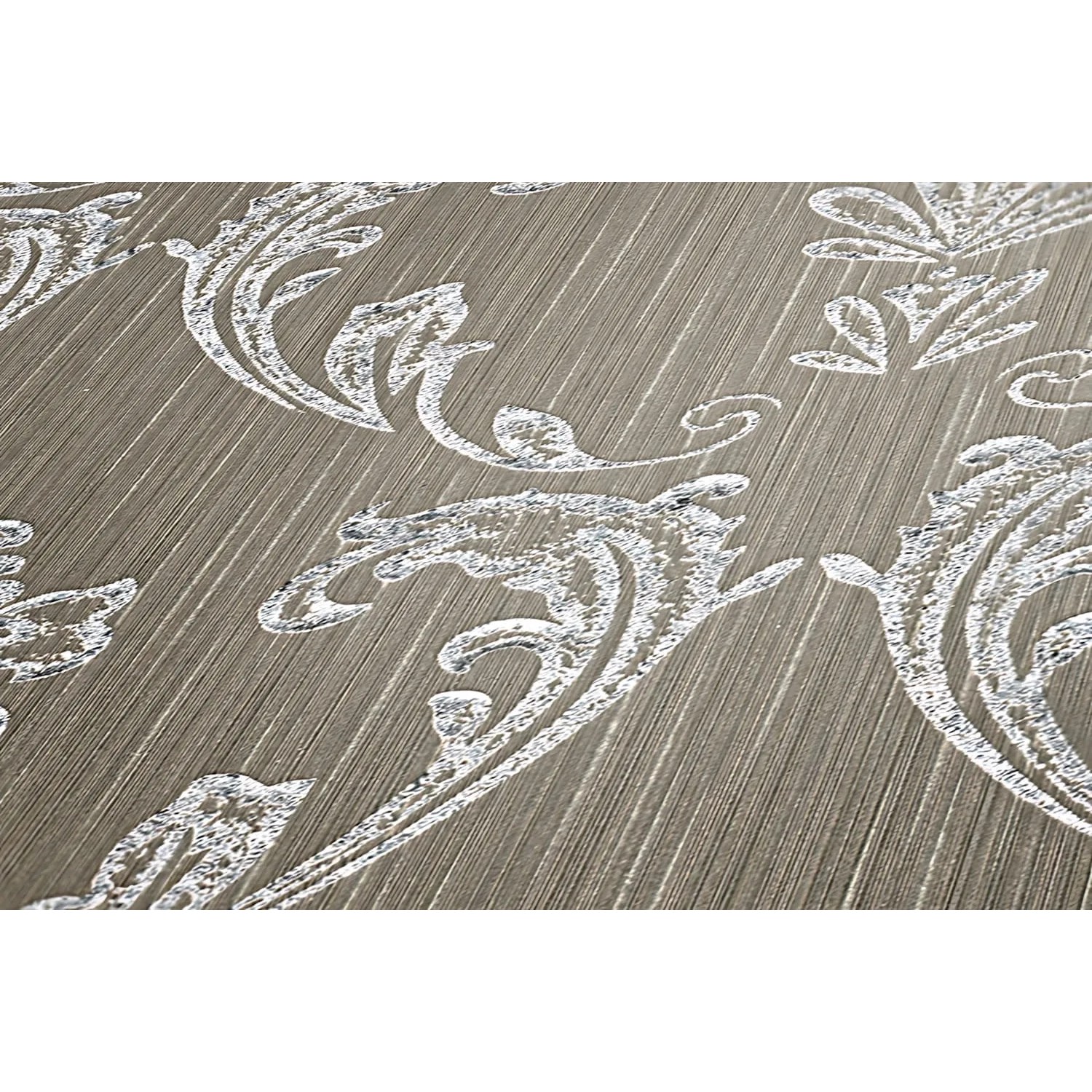 Barock Tapete mit Ornamenten in Silber und Braun. Dekorative Vliestapete mit Schimmer.