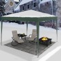 Grüner Pop-Up Pavillon 3x3m als wasserdichter Sonnenschutz. Dach mit Schnee, darunter Sitzgruppe und Feuerstelle im Garten.