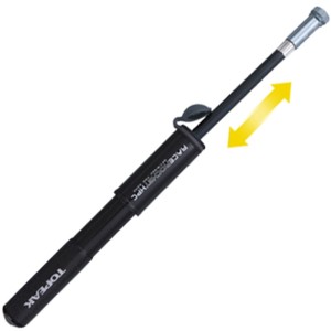 Schwarze Topeak RaceRocket HPC Carbon Handpumpe, ausgefahren, mit SmartHead ThreadLock und Rahmenhalter für Fahrräder.
