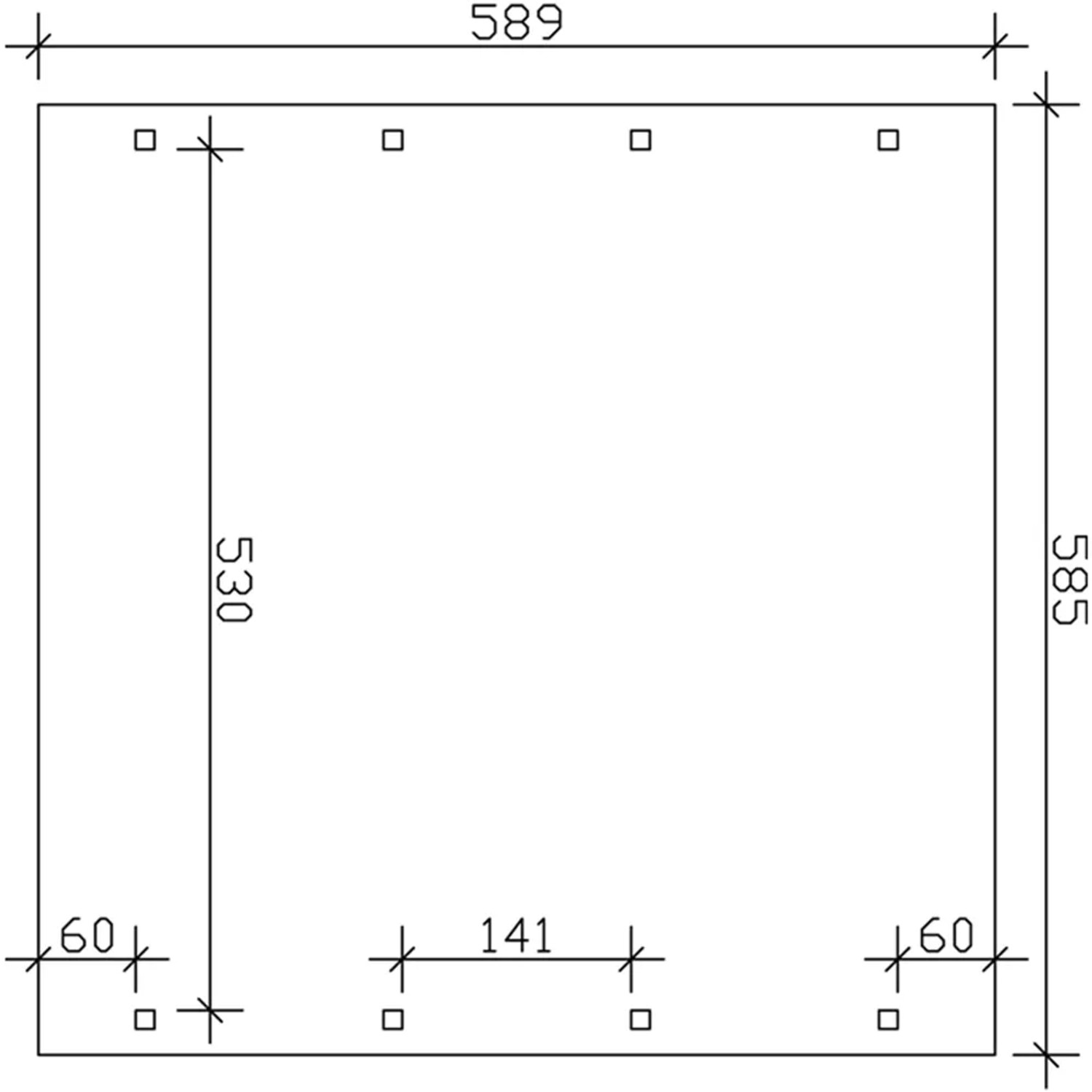 Skan Holz Carport Spreewald: Technische Zeichnung mit Maßen (585x589cm) und Pfostenpositionen.
