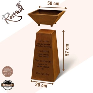 Rostikal Cortenstahl Säule 57 cm mit Familienspruch & abnehmbarer Pflanzschale in Edelrost Optik für Garten & Deko.