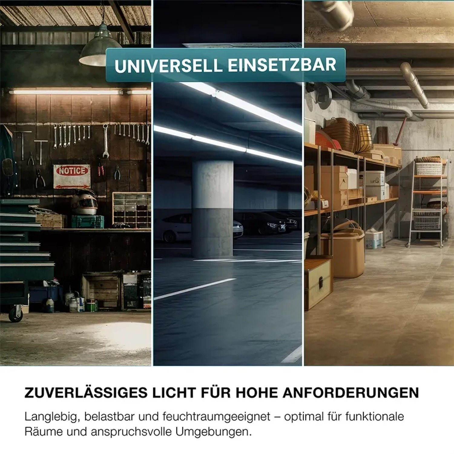 Anwendungsbeispiele: LUXULA LED Feuchtraumleuchte in Werkstatt, Garage und Parkhaus.