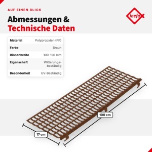 Brauner Inefa Laubfangstreifen aus Polypropylen, 100 cm lang, 17 cm breit. Witterungs- & UV-beständiger Dachrinnenschutz für 100-150 mm Rinnen.