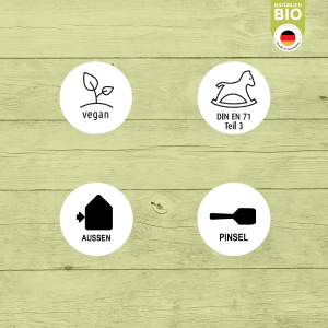 Icons der Ultra Nature BIO Außenlasur Kiefer: Vegan, DIN EN 71, Außen, Pinsel.