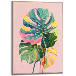 Gerahmtes Bild Colourful Leafs, mehrfarbige Blätter auf rosa Grund, 70x50 cm.