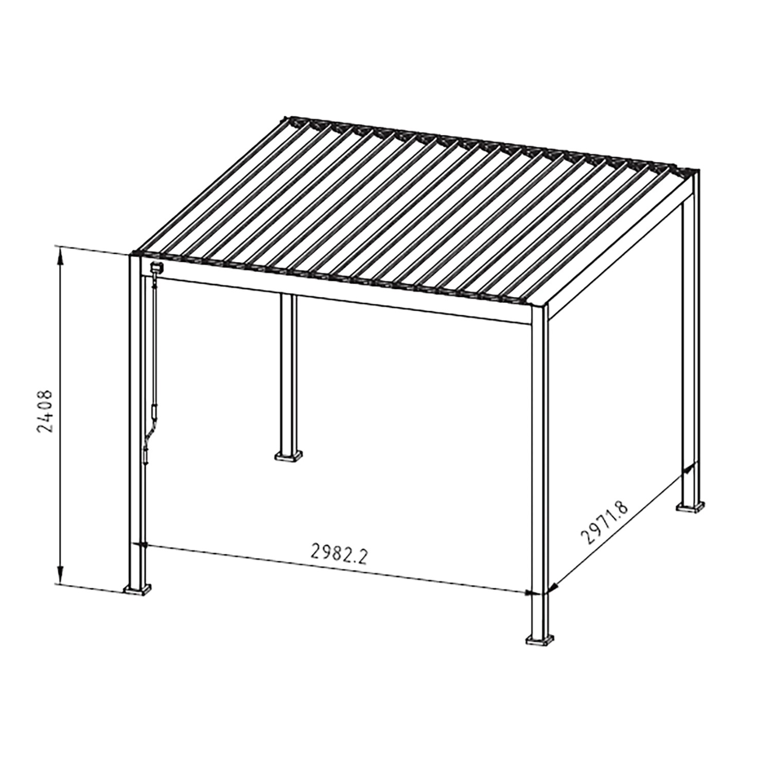Technische Zeichnung der anthrazitfarbenen Mirador Basic Pergola 3x3 m mit Maßangaben.