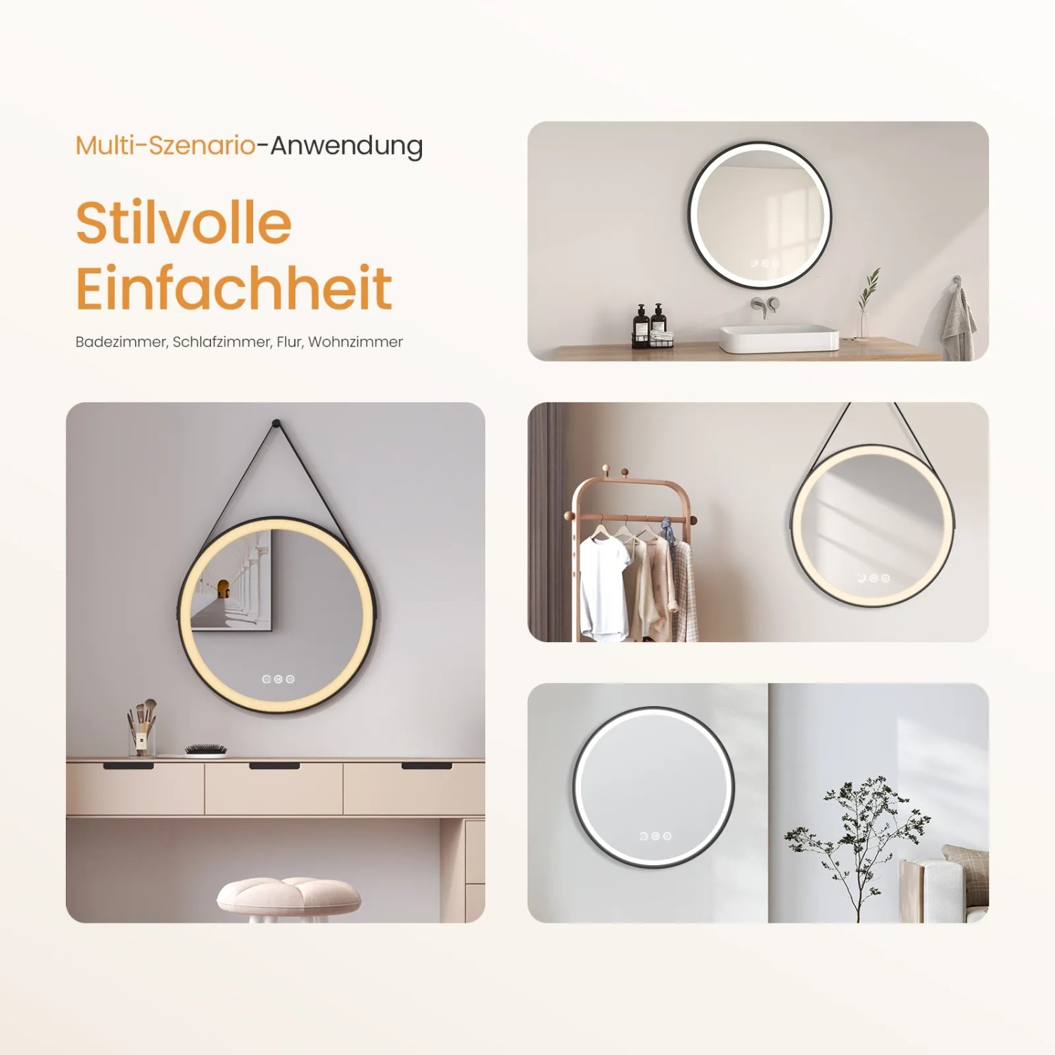 Emke Badspiegel 70 cm mit LED-Beleuchtung, dimmbar und 3 Farbtemperaturen.