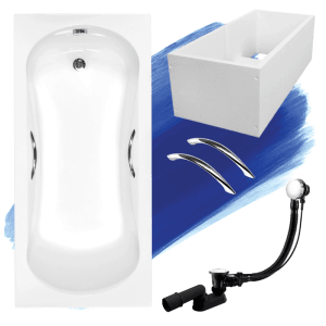 Weiße Rechteck-Badewanne 170x70 cm mit Chrom-Handgriffen, Wannenträger und Ablaufgarnitur. Acryl-Badewanne.
