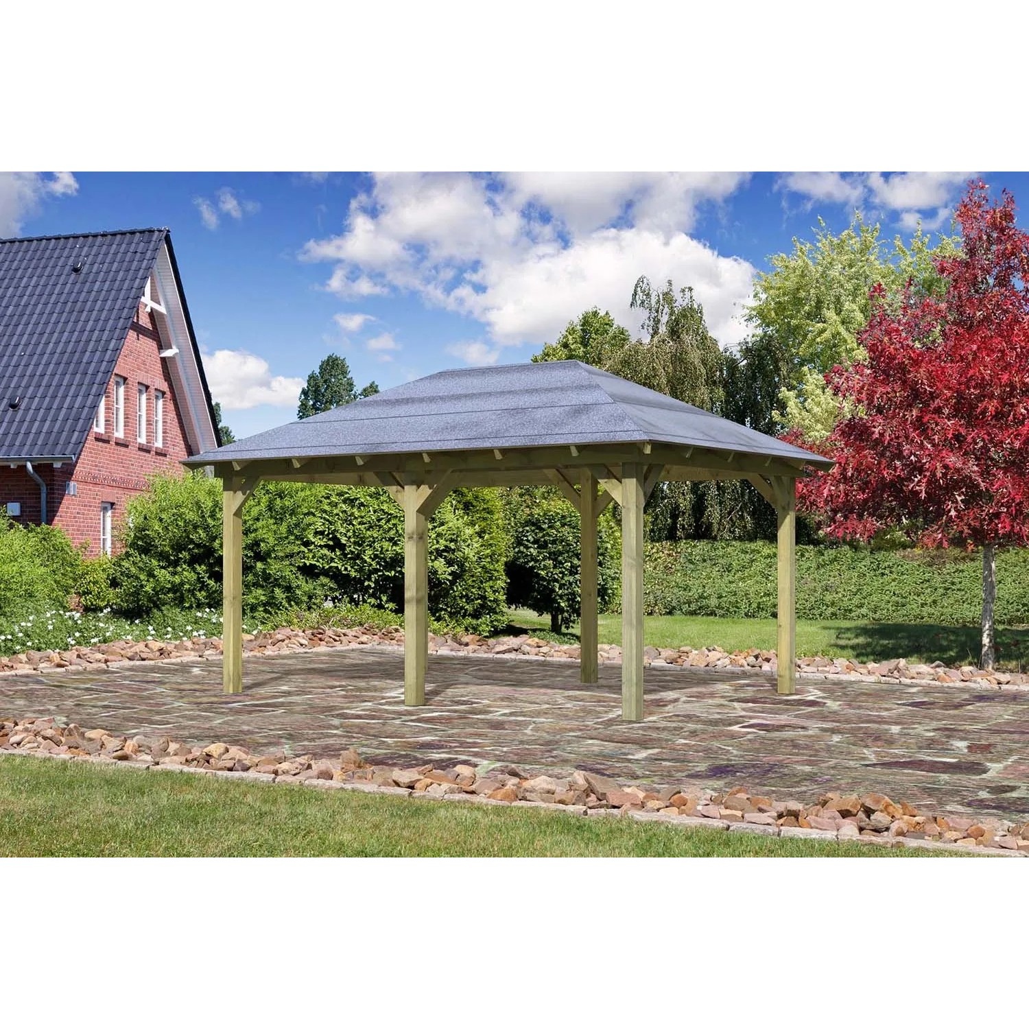 Kesseldruckimprägnierter Karibu Pavillon Bever 4 mit Walmdach im Garten.