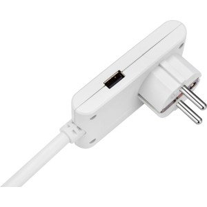 Weißes Verlängerungskabel mit Schutzkontakt-Stecker, USB-A, USB-C und Steckdose. 3m, schlank.
