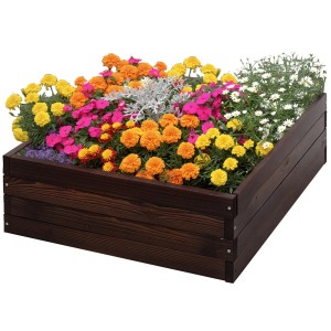 Outsunny Garten-Bett aus Tannenholz, dunkelbraun, mit bunten Blumen bepflanzt.