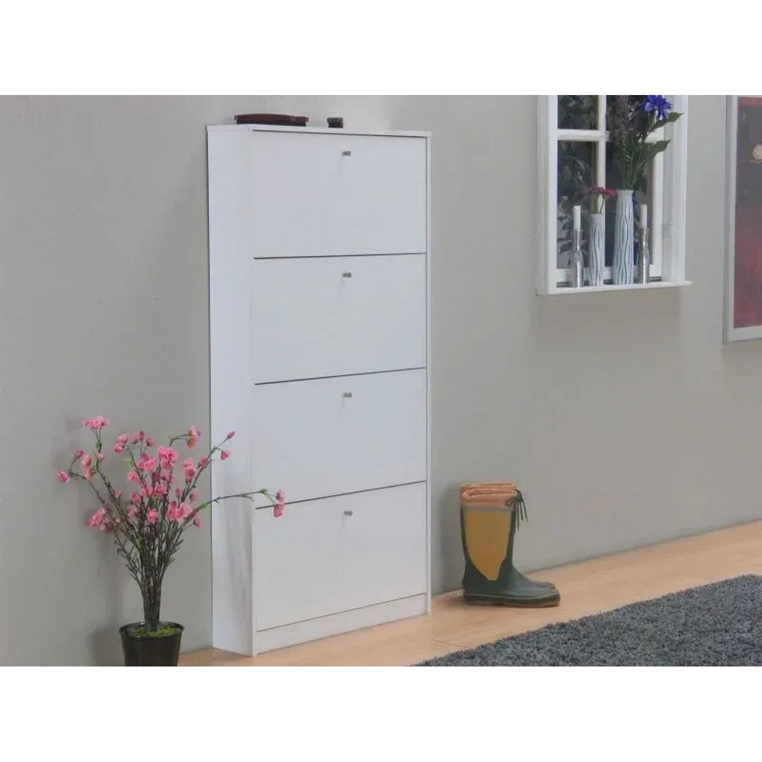 Weißer ebuy24 Escape Schuhschrank mit 4 Klappen für Flur oder Hauswirtschaftsraum.