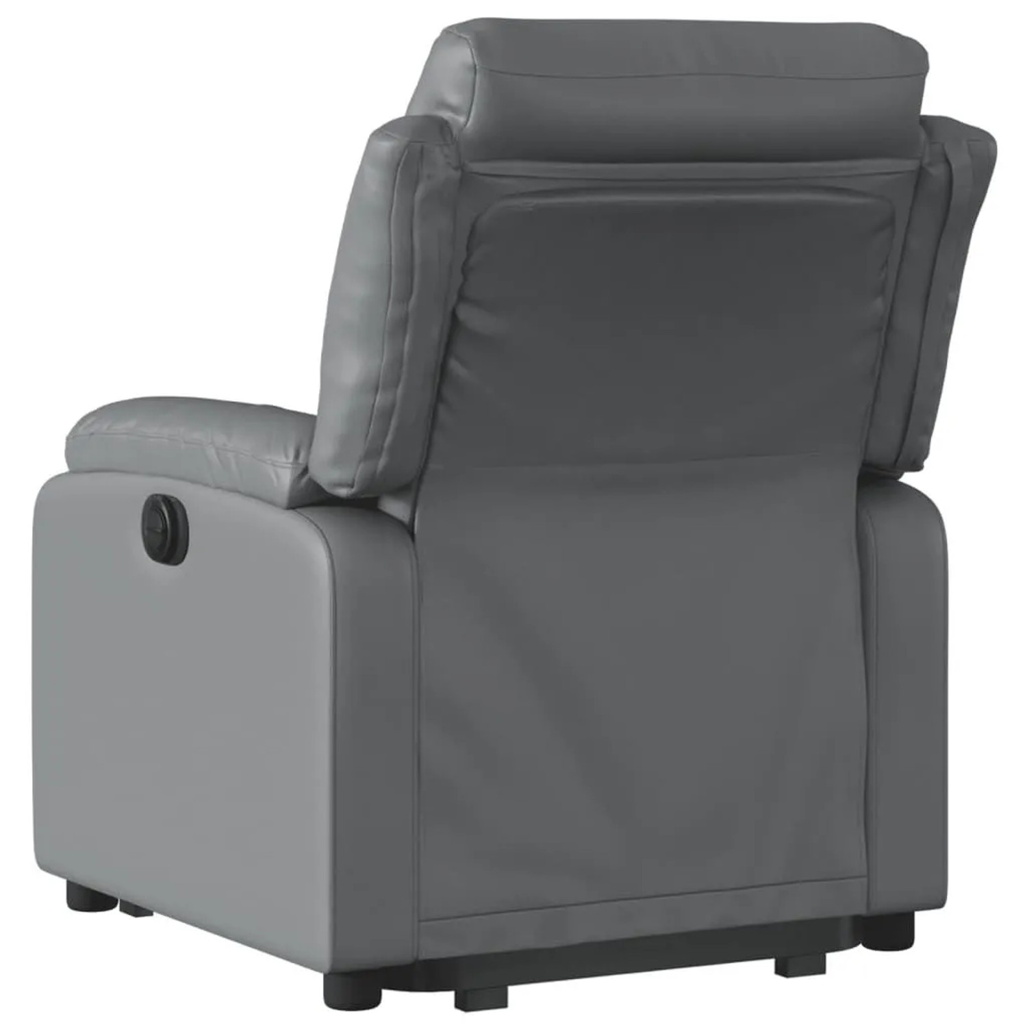 Grauer elektrischer Relaxsessel mit Aufstehhilfe aus Kunstleder, Rückseite und seitlichem Bedienknopf.