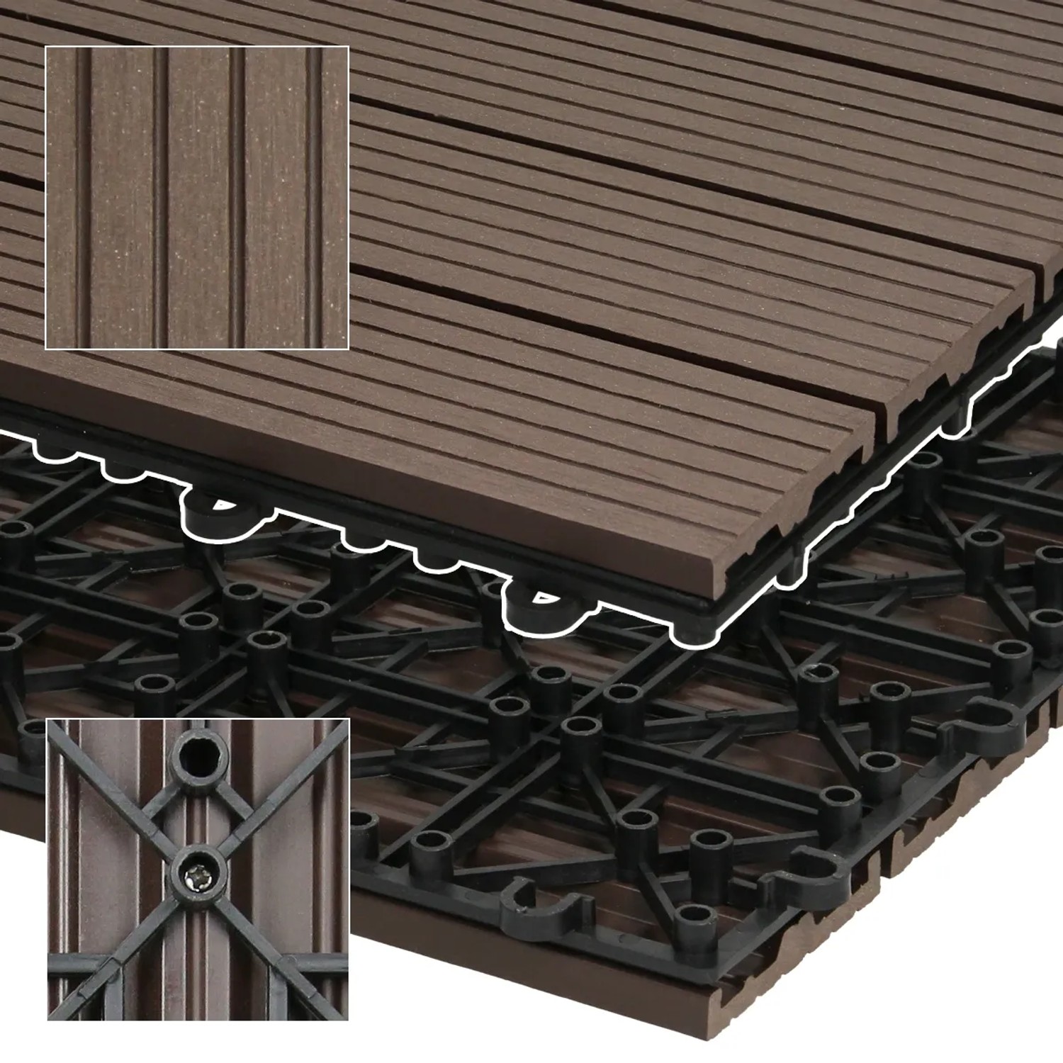 ECD Germany WPC Terrassenfliesen, 60x30cm, 12er Set, dunkelbraune Holzoptik mit Klicksystem und Drainage.