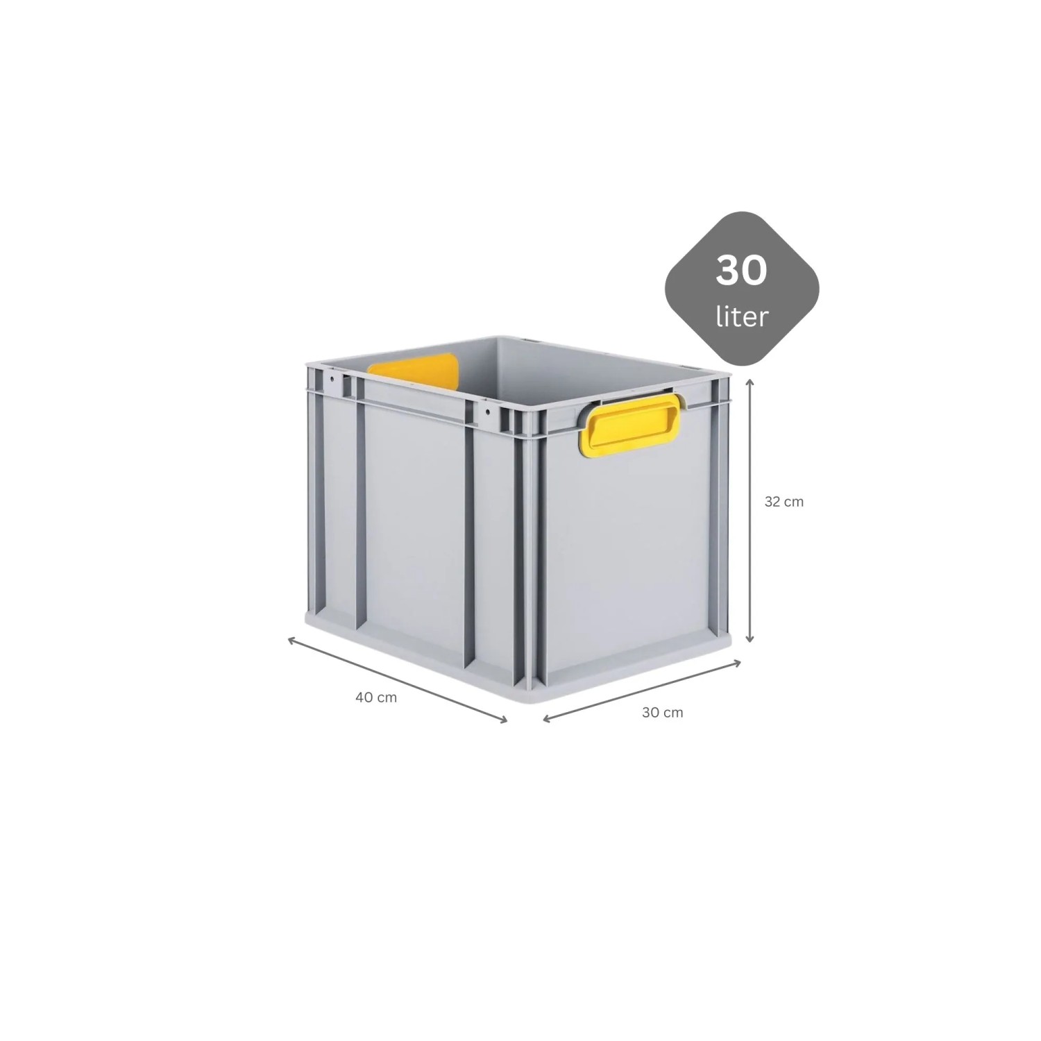 Graue Eurobox mit gelben Griffen, 32x30x40 cm, Teil eines 4er Spar Sets mit Deckel und Verschluss.