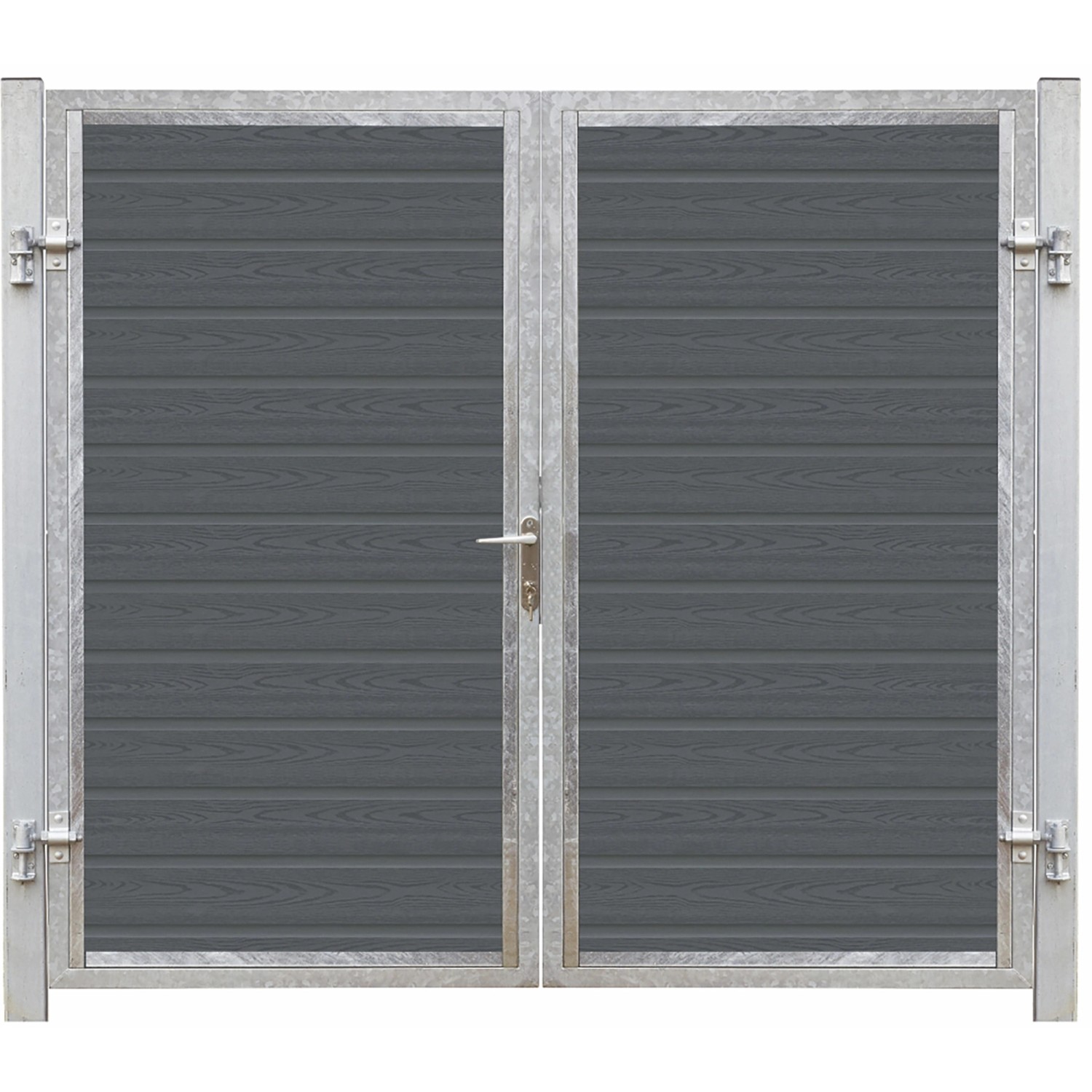 Doppeltor Artura WPC Schiefergrau mit silbernen Pfosten, 213x175cm. Gartentor aus pflegeleichtem WPC.
