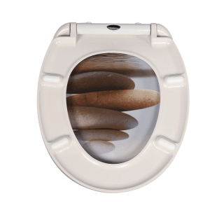 Beiger Duroplast WC-Sitz mit Absenkautomatik, Zen Stein Motiv. Stabil, kratzfest, leicht zu reinigen.