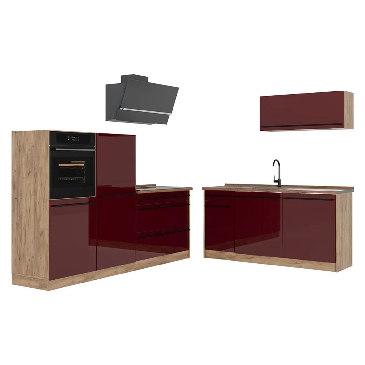 Vicco Küchenzeile R-Line Rot Hochglanz/Goldkraft Eiche 220 x 143 ohne Arbeitsplatte Art Nr 66321