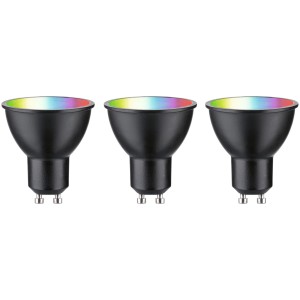 Drei Paulmann GU10 LED Leuchtmittel, 4,8 W, mit Farbwechsel, für smarte Beleuchtung.