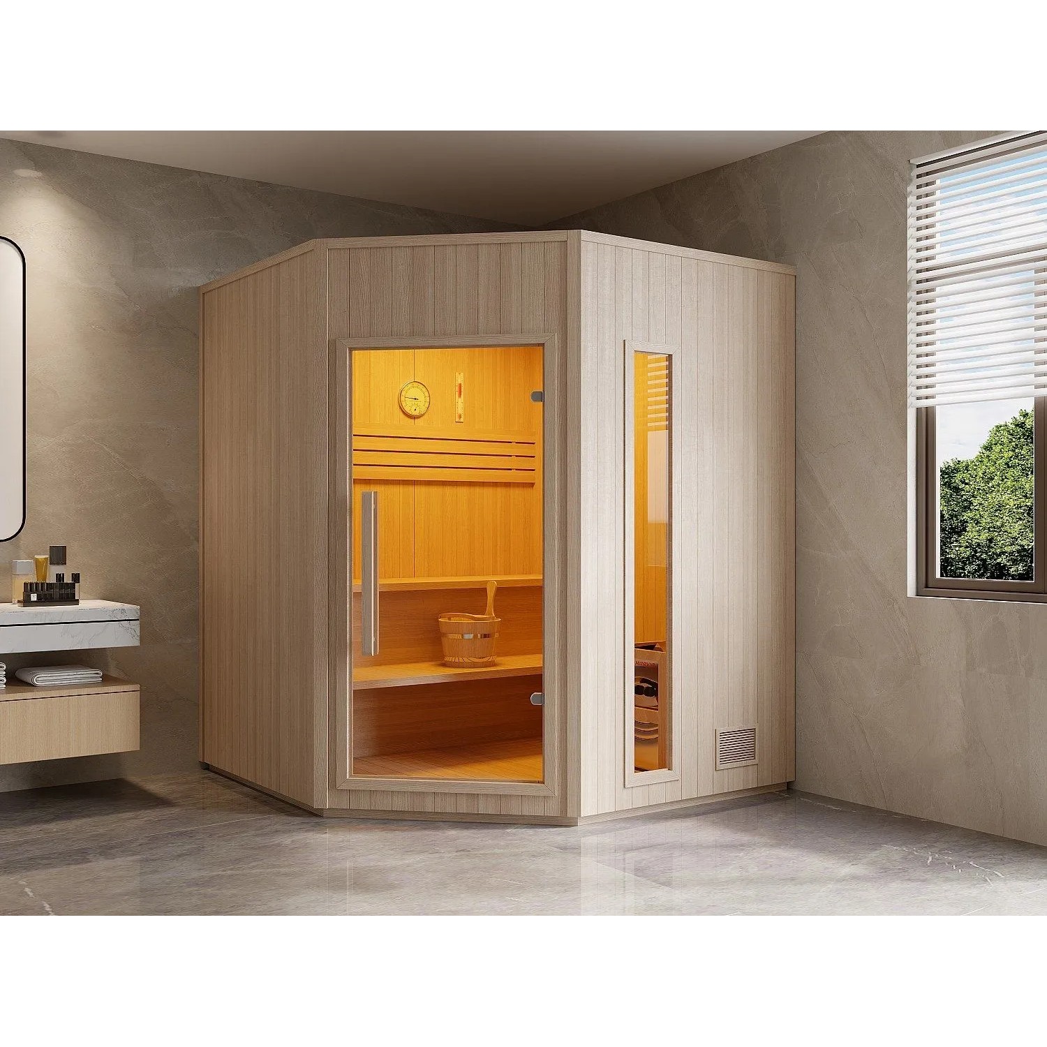Finnische Eck-Sauna Kotka aus hellem Naturholz mit Glastür und Zubehör im modernen Bad. 180 cm.