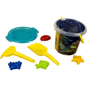 Sandeimer-Set Aqua Action Coral Reef 2 l mit Eimer, Sieb, Schaufel, Rechen und Förmchen.