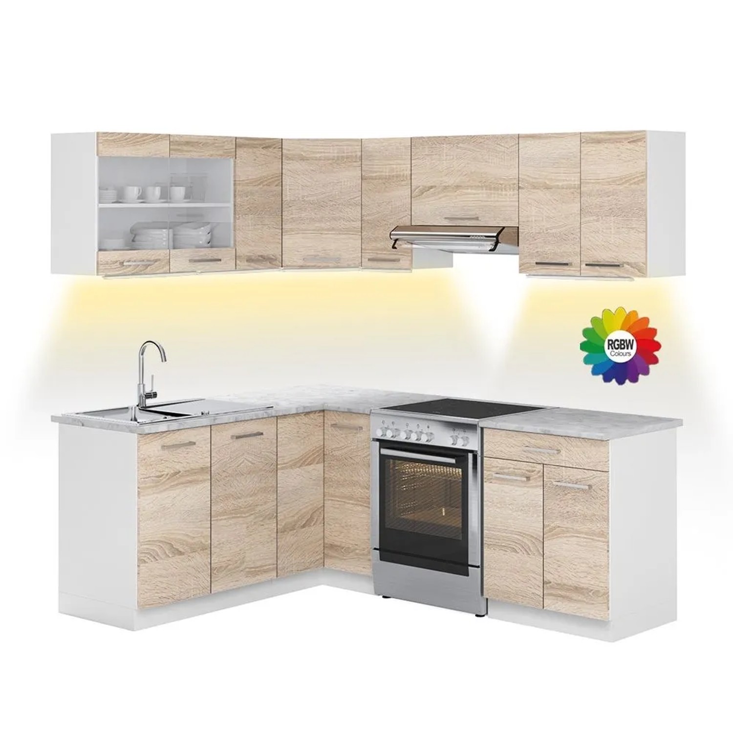 Vicco Eckküche R-Line Sonoma/Weiß 207 x 82, AP Marmor mit LED-Leisten