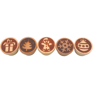 5er Set Holzstempel mit Weihnachtsmotiven: Geschenk, Tannenbaum, Lebkuchenmann, Schneeflocke, Kugel. Für Teig & Basteln.