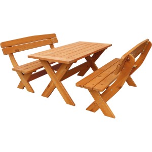 3-teiliges Gartenmöbel-Set Bavaria aus honigbraunem FSC®-Kiefernholz mit Tisch und Bänken.