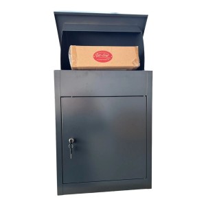Anthrazitfarbene Jet-Line Paketbox aus Metall mit offenem Paketfach und Schloss. Ideal für sichere Paketannahme.