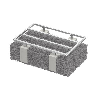 Terrassenunterkonstruktion mit Betonschrauben auf Schotterbett für sicheren Halt.