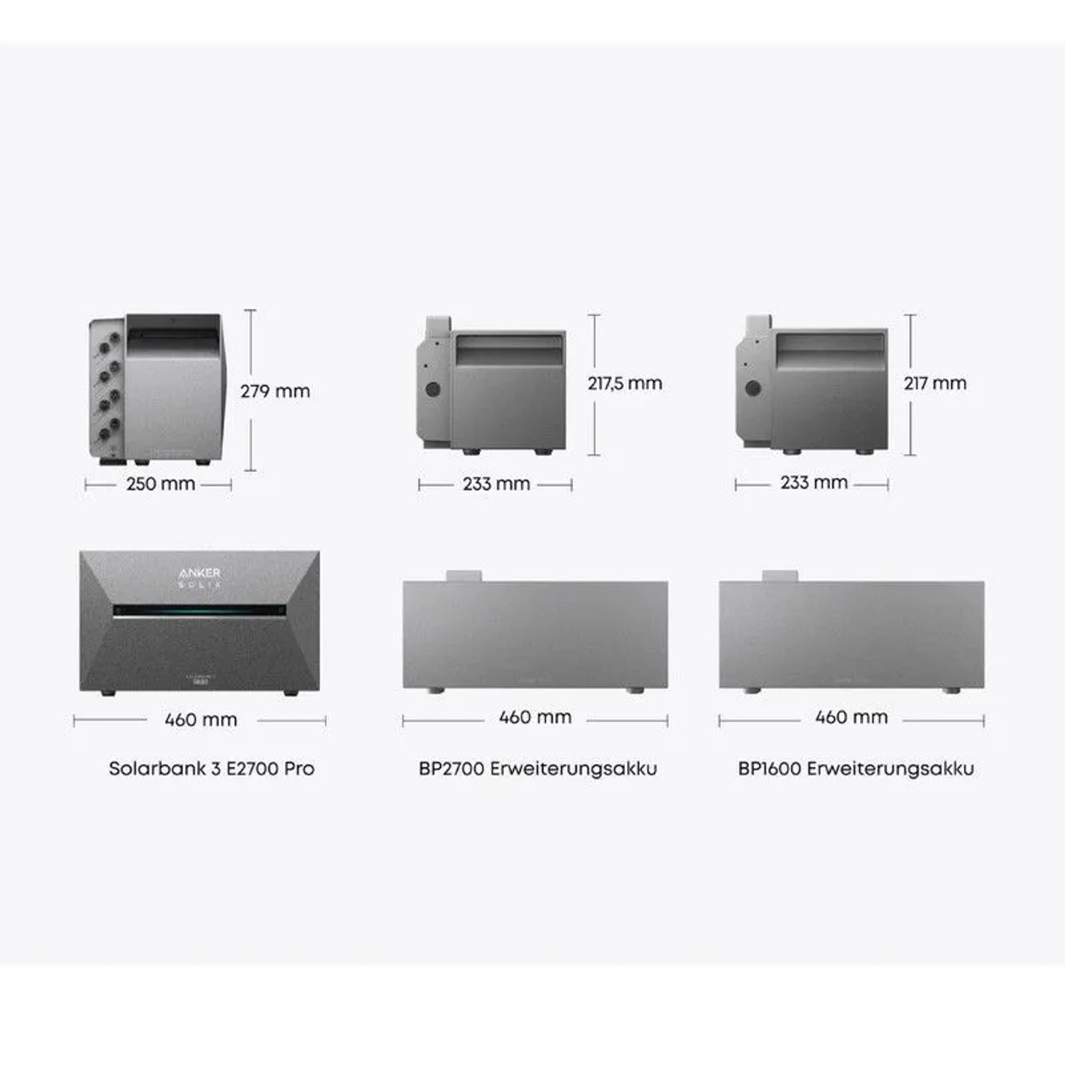 Anker SOLIX Solarbank 3 E2700 Pro Set: Maße der Solarbank, Erweiterungsakkus und Smart Plugs.