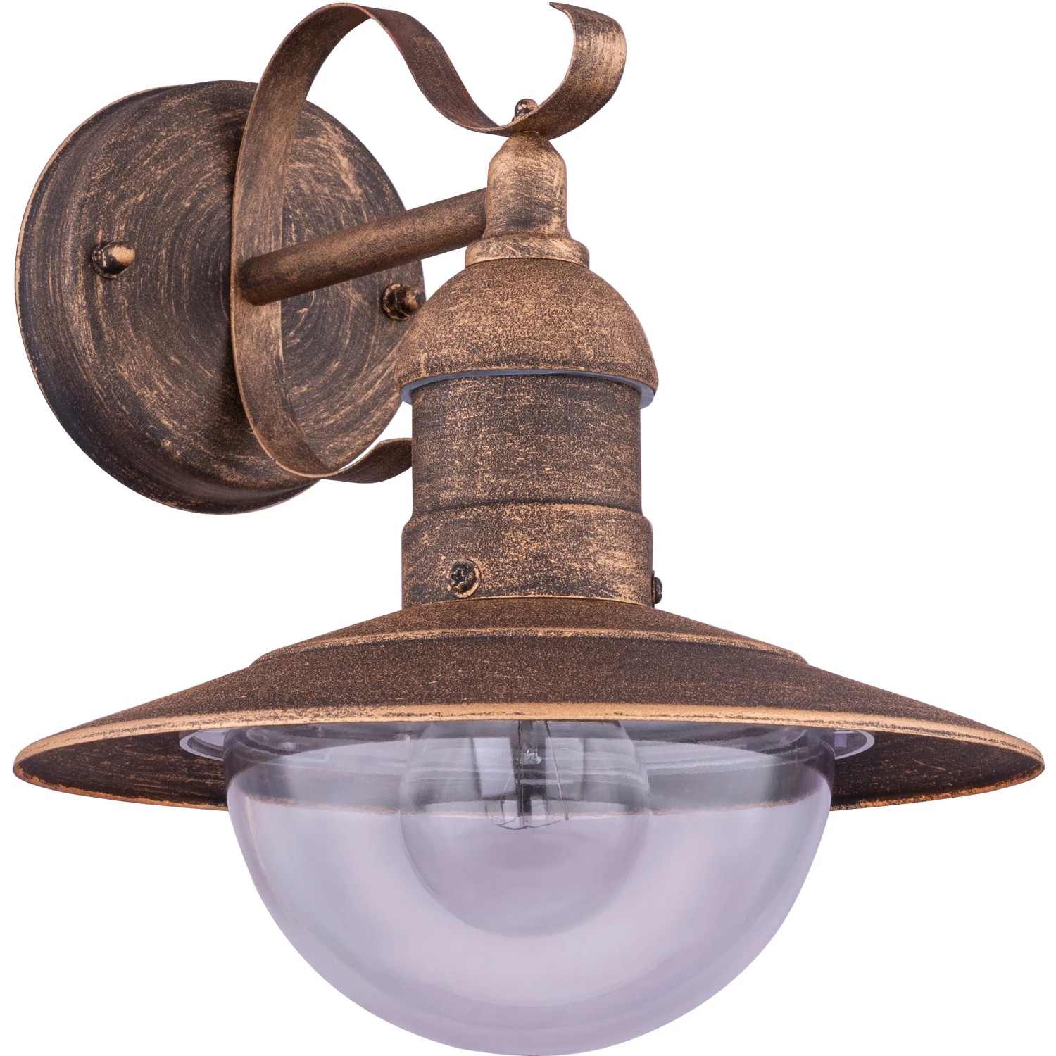 Schwarze Globo Außenleuchte Linda aus Metall mit goldener Patina und klarem Lampenschirm.