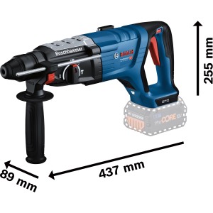 Bosch Professional Akku-Bohrhammer GBH 18V-28 DC Solo, blau, mit Zusatzhandgriff und Maßangaben.