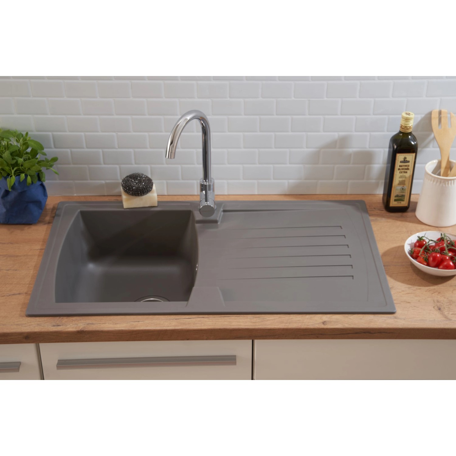 Respekta Einbauspüle Mineralite Boston, 86x50 cm, Betongrau mit Abtropffläche.