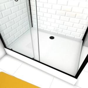 Aurlane Komplettdusche Metro mit Schiebetür, schwarzem Rahmen und weißer Duschwanne.