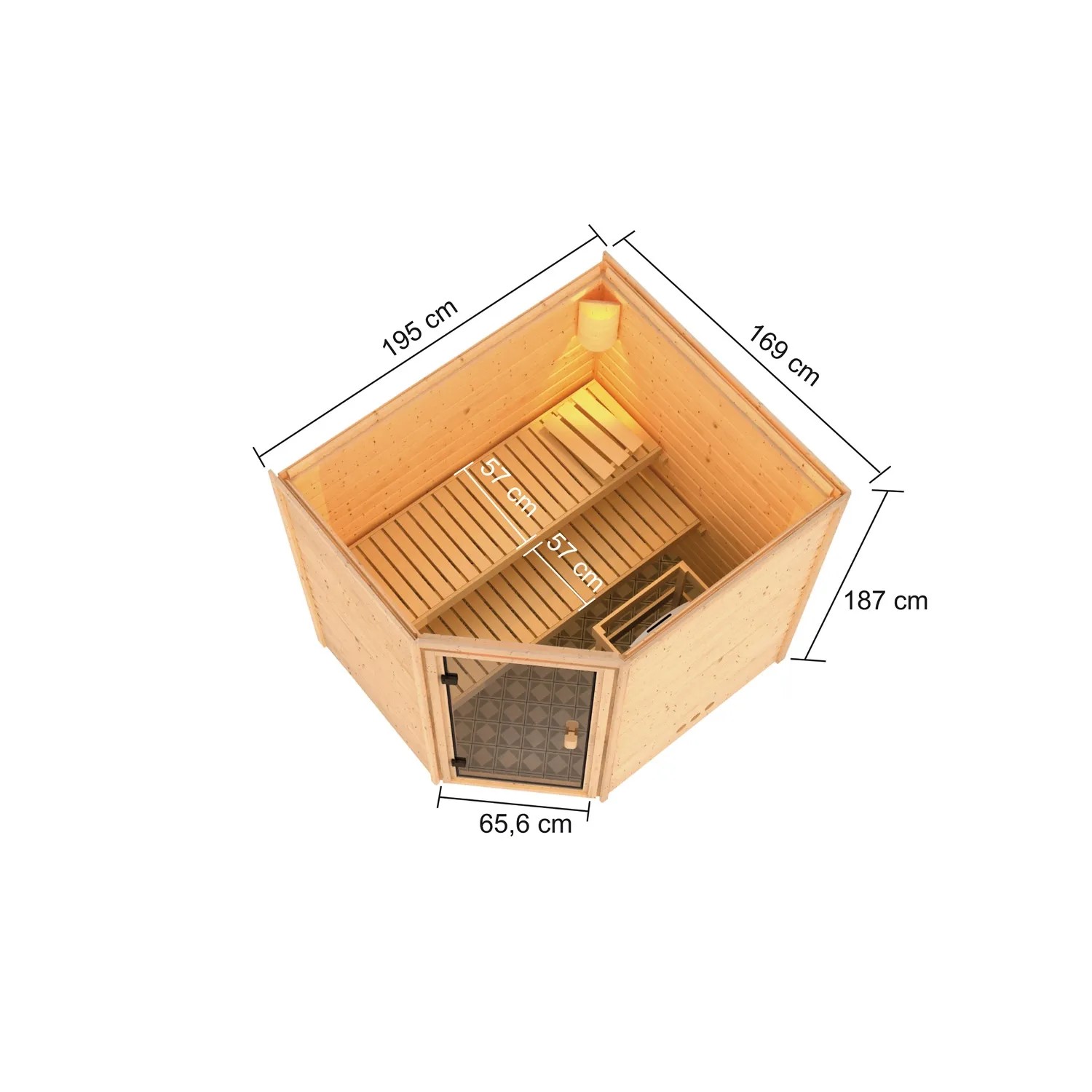 Karibu Elea Sauna Set, naturbelassen, mit Ofen und Steuerung. Massivholzsauna mit Eckeinstieg und zwei Liegen. Draufsicht mit Maßen.