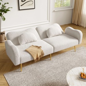Helles Merax Schlafsofa 2 Sitzer mit Wolken-Design, Wellenarmlehnen, Lammwoll-Optik und goldenen Beinen im Wohnzimmer.