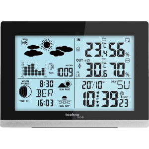 technoline Wetterstation WS 6762 Schwarz mit großem LCD-Display, zeigt Innen-/Außentemperatur, Luftfeuchtigkeit, Wettervorhersage, Uhrzeit.