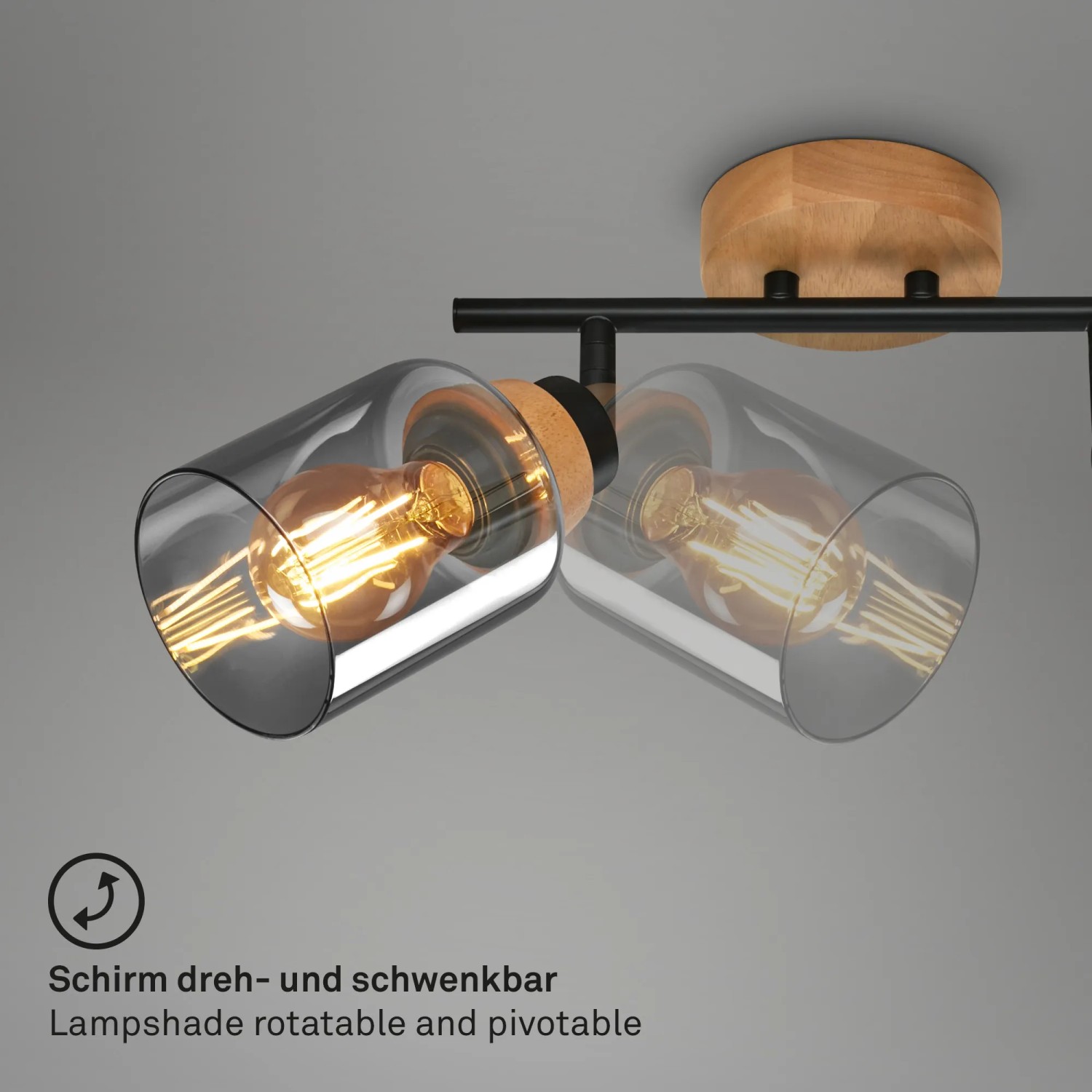 Brilo Deckenleuchte Hema mit Rauchglas, Holzbasis und schwenkbaren Spots.