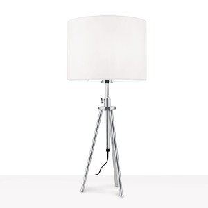 Moderne Tischleuchte Roger von Orion Leuchten mit Leinenschirm und satiniertem Aluminiumfuß.