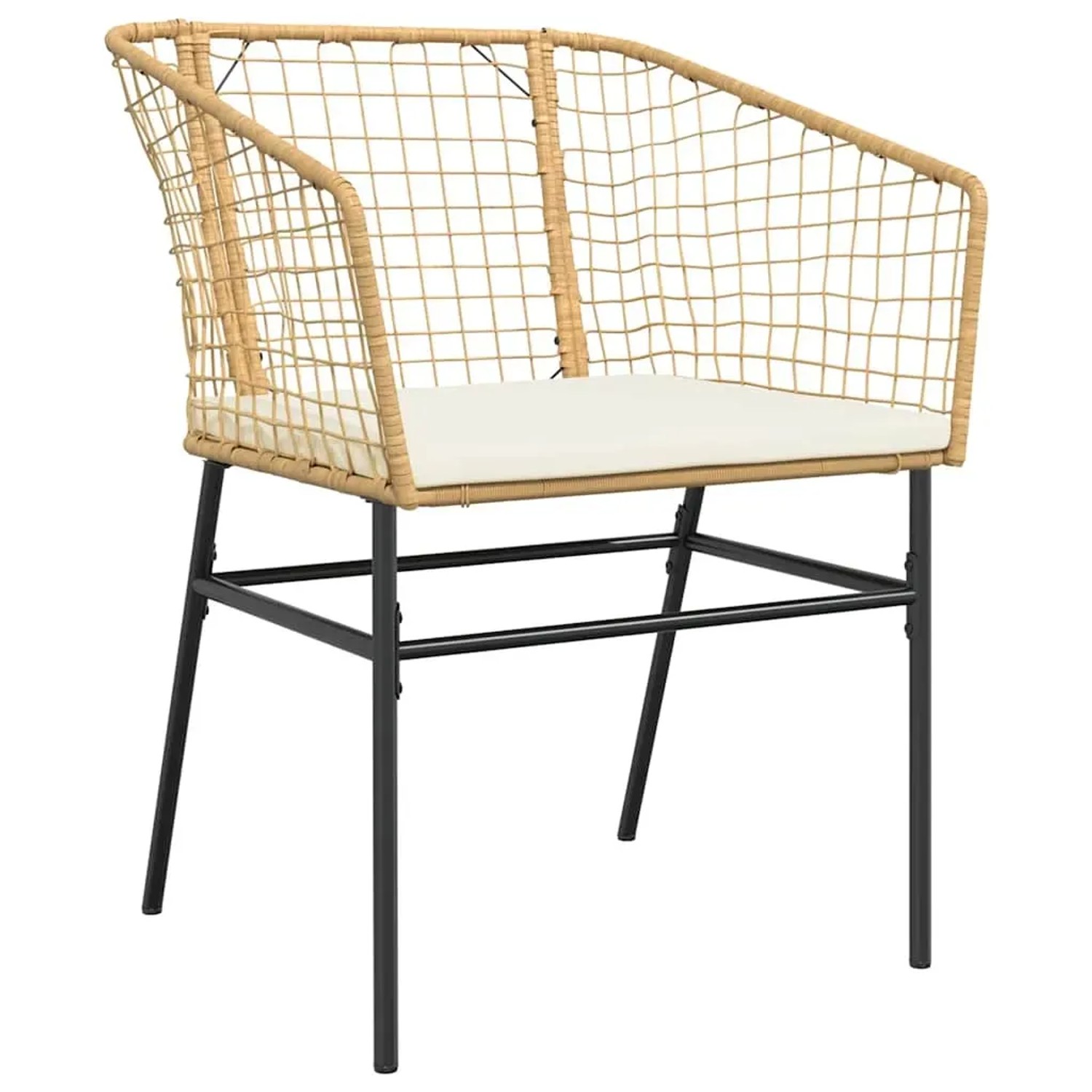 Gartenstuhl aus Poly Rattan, braun, mit cremefarbenem Kissen und schwarzem Stahlgestell.