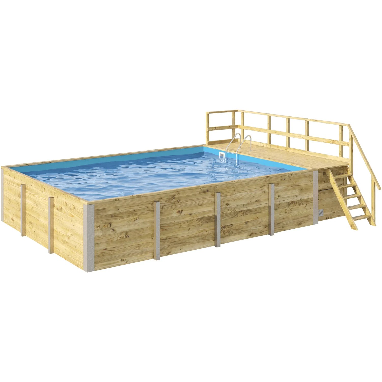 Rechteckiger Weka Holzpool mit Sonnendeck, Leiter und blauer Innenfolie.