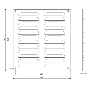 Schwarzes Häusler Lüftungsgitter LG-2628 BL-FG 260x280 mit Fliegengitter, Schemazeichnung.