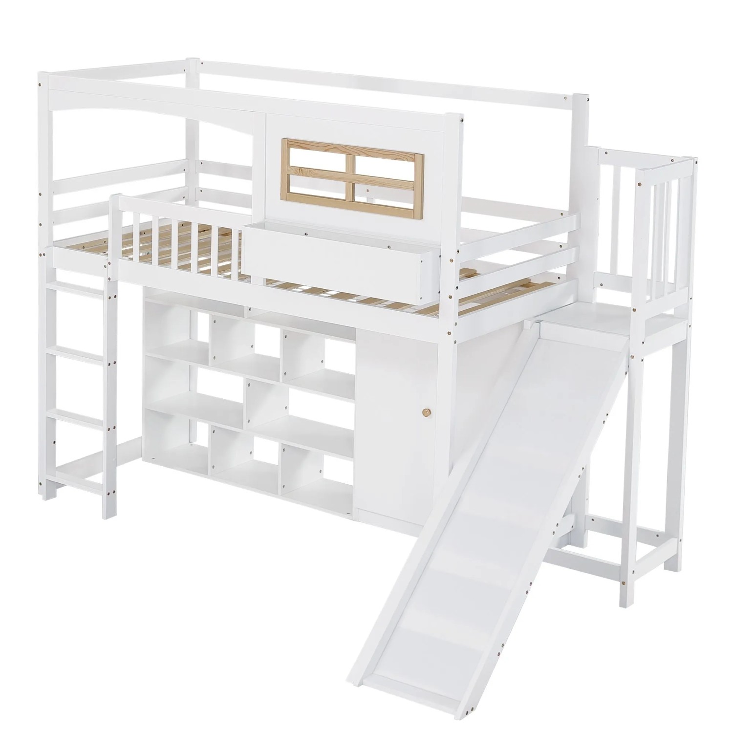 okwish Etagenbett 90x200cm mit Rutsche Leiter Kleiderschrank und Fallschutz Weiß ohne Matratze