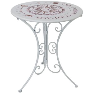 Weißer, runder Gartentisch BAYO Ø 60 cm mit Kompass-Motiv, ideal für Balkon oder Terrasse.