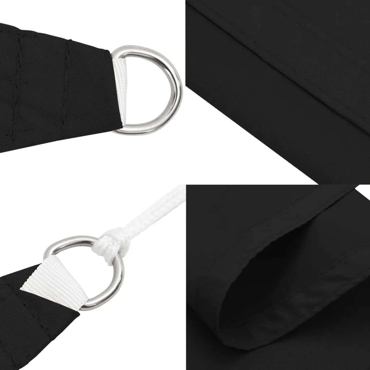 Detailansicht: Schwarzes, quadratisches Sonnensegel (3x3 m) aus Oxford-Gewebe mit Befestigungsringen.