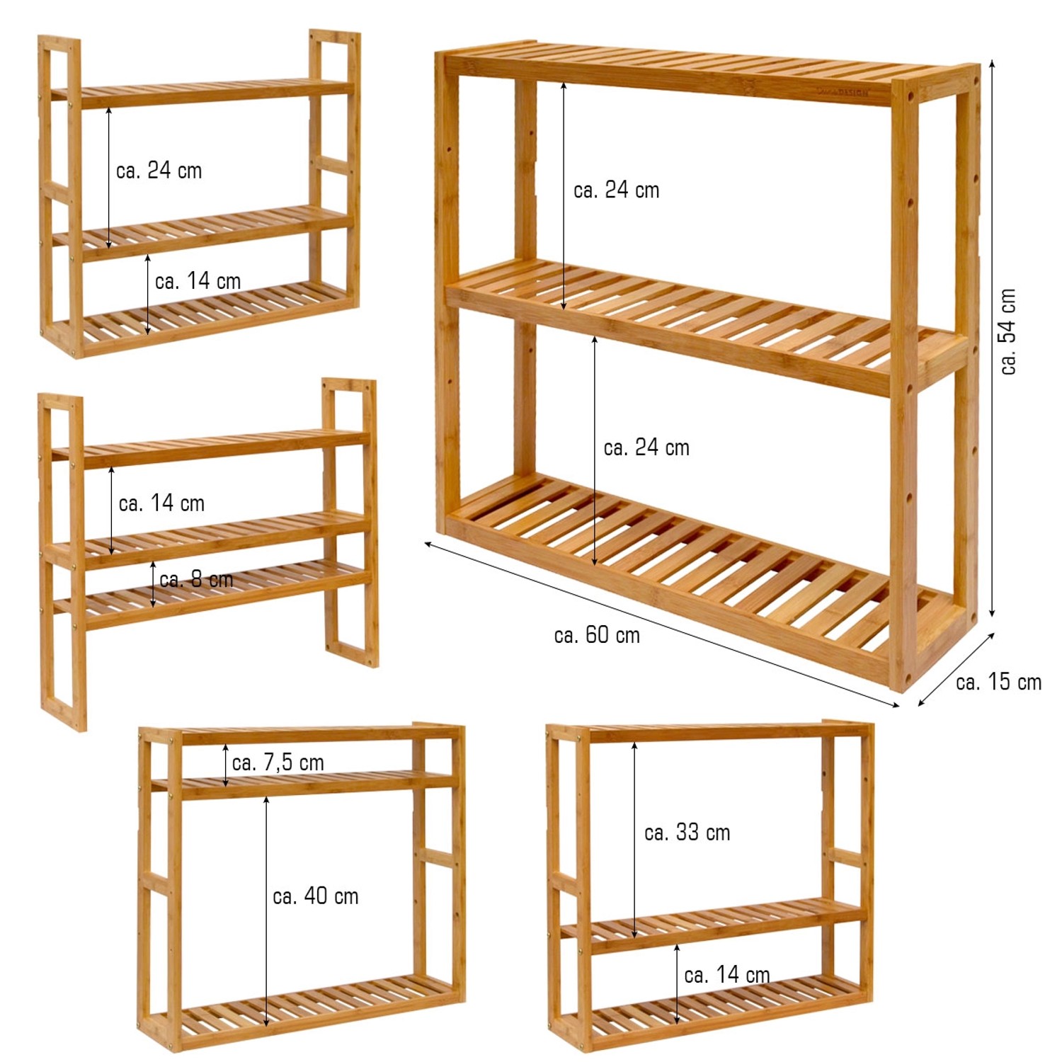 DuneDesign Bambus Badregal, schmales Standregal mit 3 Ablagen, ca. 60x54x15cm.