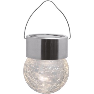 Solar Hängeleuchte aus Metall und Glas mit warmweißer LED für Garten und Außenbereich.