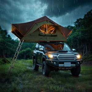Juskys Autodachzelt Lago auf Auto im Regen. Campingzelt in Schwarz/Olivgrün mit Leiter.