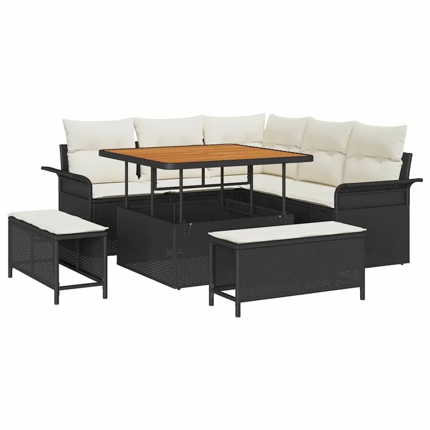 vidaXL Garten-Sofa-Set mit Kissen mit Speicher 8-Tlg Schwarz und Creme 3364075